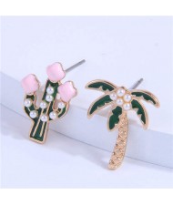 Coconut Tree and Cactus Asymmetrical Design Women Costume Earrings