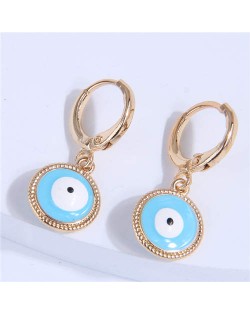 Golden Rimmed Evil Eye Design Round Wholesale Huggie Earrings - Light Blue