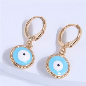 Golden Rimmed Evil Eye Design Round Wholesale Huggie Earrings - Light Blue