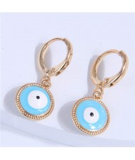 Golden Rimmed Evil Eye Design Round Wholesale Huggie Earrings - Light Blue