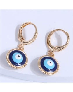 Golden Rimmed Evil Eye Design Round Wholesale Huggie Earrings - Dark Blue