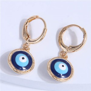 Golden Rimmed Evil Eye Design Round Wholesale Huggie Earrings - Dark Blue