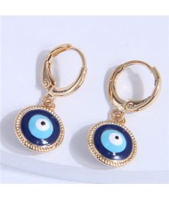 Golden Rimmed Evil Eye Design Round Wholesale Huggie Earrings - Dark Blue