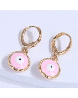 Golden Rimmed Evil Eye Design Round Wholesale Huggie Earrings - Pink