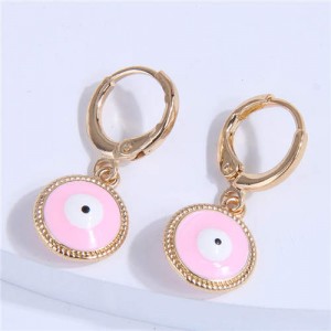 Golden Rimmed Evil Eye Design Round Wholesale Huggie Earrings - Pink