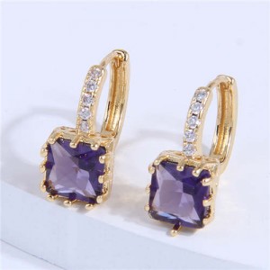 Cubic Zirconia Inlaid Elegant Square Shape Women Ear Clips - Purple