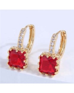 Cubic Zirconia Inlaid Elegant Square Shape Women Ear Clips - Red