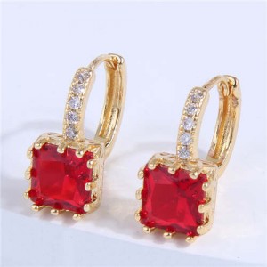 Cubic Zirconia Inlaid Elegant Square Shape Women Ear Clips - Red