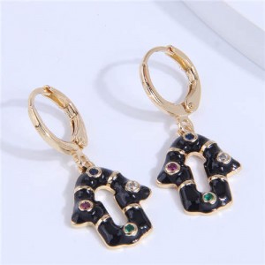 Shining Rhinestone Embellished Oil-spot Glazed Unique Magical Hand Pendant Women Ear Clips - Black