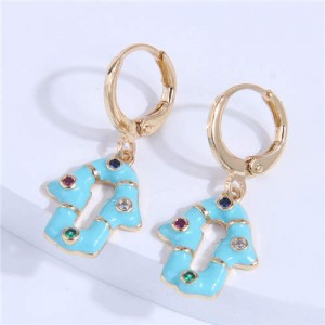 Shining Rhinestone Embellished Oil-spot Glazed Unique Magical Hand Pendant Women Ear Clips - Blue