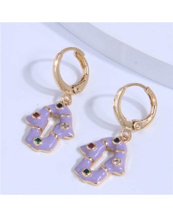 Shining Rhinestone Embellished Oil-spot Glazed Unique Magical Hand Pendant Women Ear Clips - Violet