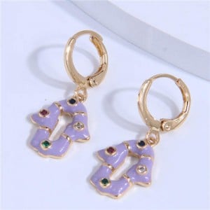 Shining Rhinestone Embellished Oil-spot Glazed Unique Magical Hand Pendant Women Ear Clips - Violet
