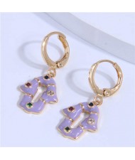 Shining Rhinestone Embellished Oil-spot Glazed Unique Magical Hand Pendant Women Ear Clips - Violet