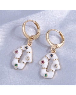 Shining Rhinestone Embellished Oil-spot Glazed Unique Magical Hand Pendant Women Ear Clips - White