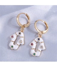 Shining Rhinestone Embellished Oil-spot Glazed Unique Magical Hand Pendant Women Ear Clips - White