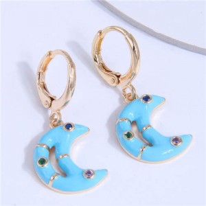 Oil-spot Glazed Shining Rhinestone Dangle Moon Wholesale Ear Clips - Blue
