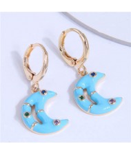 Oil-spot Glazed Shining Rhinestone Dangle Moon Wholesale Ear Clips - Blue