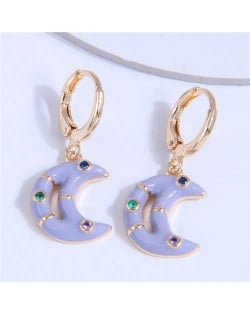 Oil-spot Glazed Shining Rhinestone Dangle Moon Wholesale Ear Clips - Purple