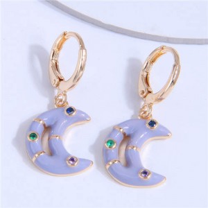 Oil-spot Glazed Shining Rhinestone Dangle Moon Wholesale Ear Clips - Purple