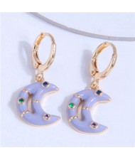 Oil-spot Glazed Shining Rhinestone Dangle Moon Wholesale Ear Clips - Purple