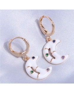 Oil-spot Glazed Shining Rhinestone Dangle Moon Wholesale Ear Clips - White