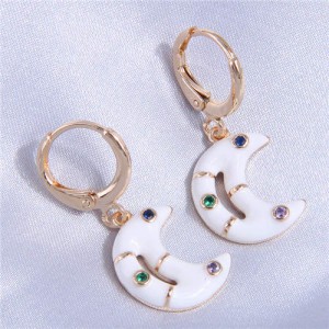 Oil-spot Glazed Shining Rhinestone Dangle Moon Wholesale Ear Clips - White