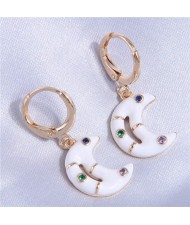 Oil-spot Glazed Shining Rhinestone Dangle Moon Wholesale Ear Clips - White