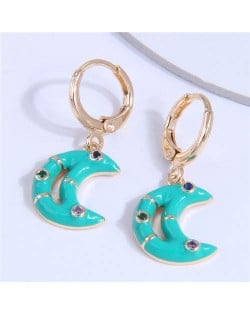 Oil-spot Glazed Shining Rhinestone Dangle Moon Wholesale Ear Clips - Teal