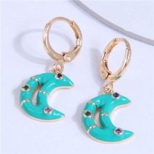 Oil-spot Glazed Shining Rhinestone Dangle Moon Wholesale Ear Clips - Teal