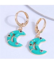 Oil-spot Glazed Shining Rhinestone Dangle Moon Wholesale Ear Clips - Teal