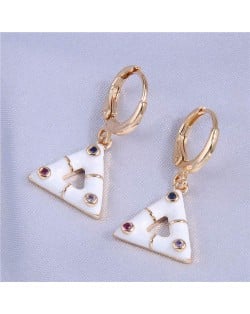 Rhinestone Inlaid Oil-spot Glazed Dangle Triangle Wholesale Women Ear Clips - White