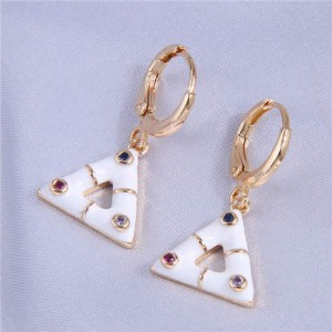Rhinestone Inlaid Oil-spot Glazed Dangle Triangle Wholesale Women Ear Clips - White