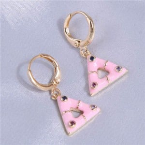 Rhinestone Inlaid Oil-spot Glazed Dangle Triangle Wholesale Women Ear Clips - Pink
