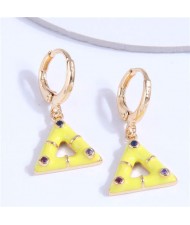 Rhinestone Inlaid Oil-spot Glazed Dangle Triangle Wholesale Women Ear Clips - Yellow