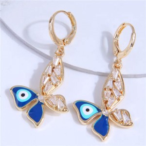 Blue Evil Eye Butterfly Design High Fashion Women Copper Dangle Earrings