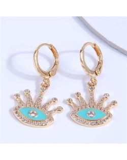 Rhinestone Embellished Evil Eye Golden Dangle Ear Clips - Teal