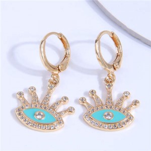 Rhinestone Embellished Evil Eye Golden Dangle Ear Clips - Teal
