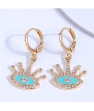 Rhinestone Embellished Evil Eye Golden Dangle Ear Clips - Teal