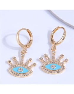 Rhinestone Embellished Evil Eye Golden Dangle Ear Clips - Blue