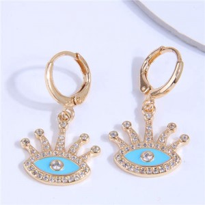 Rhinestone Embellished Evil Eye Golden Dangle Ear Clips - Blue