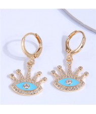 Rhinestone Embellished Evil Eye Golden Dangle Ear Clips - Blue