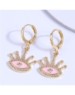 Rhinestone Embellished Evil Eye Golden Dangle Ear Clips - Pink