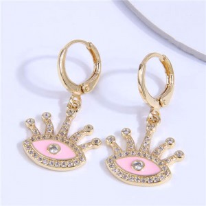 Rhinestone Embellished Evil Eye Golden Dangle Ear Clips - Pink