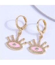 Rhinestone Embellished Evil Eye Golden Dangle Ear Clips - Pink