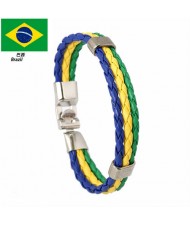 Brazil National Flags Colors Leather Woven Wholesale Bracelet - Blue Yellow Green