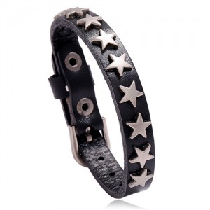 Alloy Stars Design Wholesale Fashion Leather Bracelet - Black