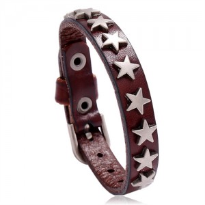 Alloy Stars Design Wholesale Fashion Leather Bracelet - Coffee