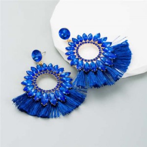 Round Bling Style Cotton Tassel Exaggerated Wholesale Fashion Women Earrings - Blue