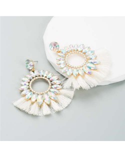 Round Bling Style Cotton Tassel Exaggerated Wholesale Fashion Women Earrings - White