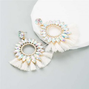 Round Bling Style Cotton Tassel Exaggerated Wholesale Fashion Women Earrings - White